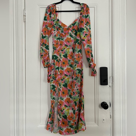 Pretty Little Thing Green Floral Print Puff Sleeve Tie Cuff Midi Dress USA 6 - Picture 4 of 7